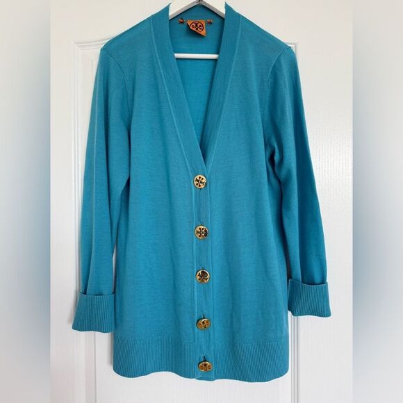 TORI BURCH AQUA BLUE ,THIN KNIT ,GOLD BUTTON CARDIGAN SWEATER - Picture 1 of 3